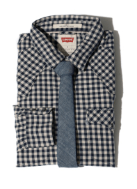 The gingham shirt with denim tie is classy enough for martinis after work, but it’s also casual enough for a pint at the pub. 