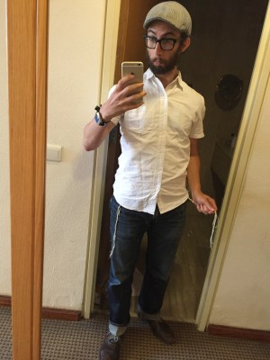 Preparing for to shop in Jerusalem's ultra-orthodox neighborhood, Meah Sha'arim. Wearing ritual fringes for Kosher-Steez credit. 